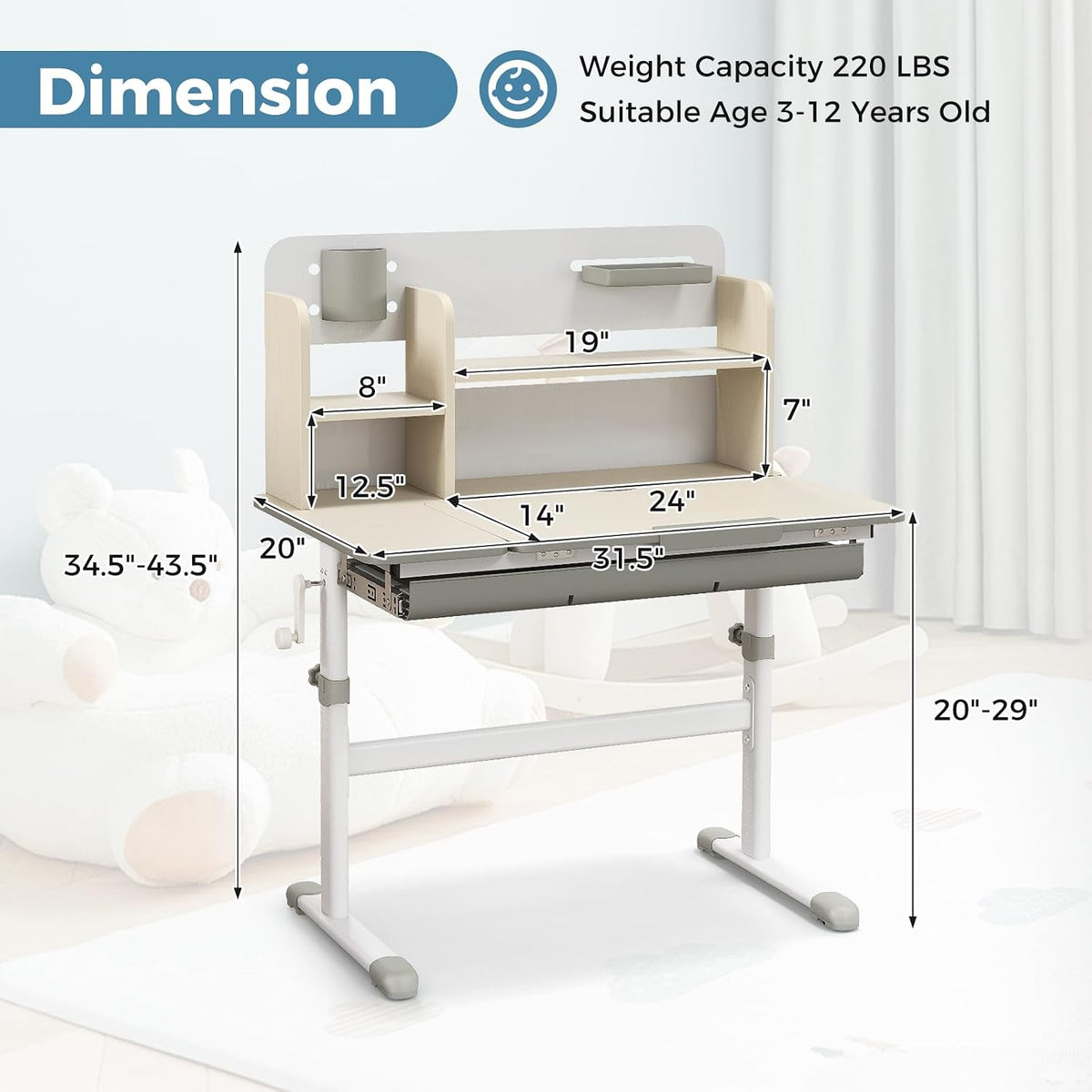 HONEY JOY Kids Desk, Children School Study Desk w/ 7-Level Tiltable Desktop, Height Adjustable Table w/Bookshelf, Pull-Out Drawer & Pen Holder, Student Writing Workstation, Desk for Girls Boys (Gray)