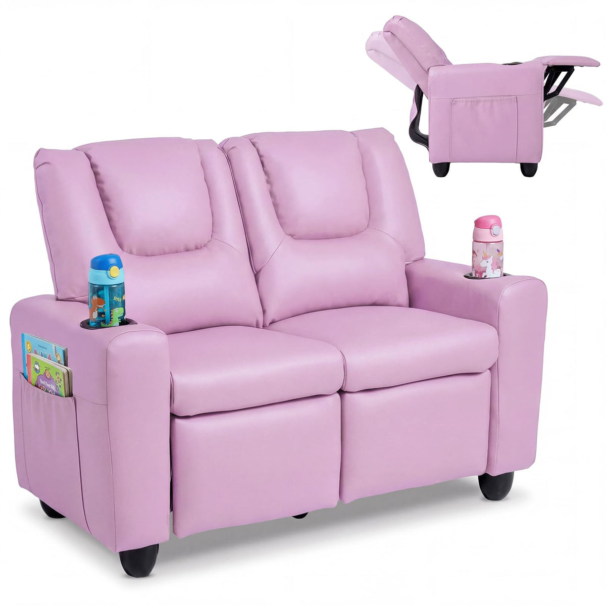 Costzon 2-Seater Kids Recliner, PU Leather Kids Loveseat w/2 Cup Holders & 2 Side Storage Pockets, Toddler Lounge Sofa Chair Couch w/Adjustable Backrest & Footrest for Girls & Boys 3+ Years Old Gifts