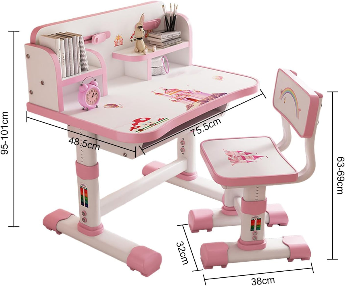 Kids Desk and Chair Set, Height Adjustable Astronaut Pattern Children School Desk with Shelf & Large Drawers, Kids Writing Study Table for Boys Girls 3+ (Pink H)