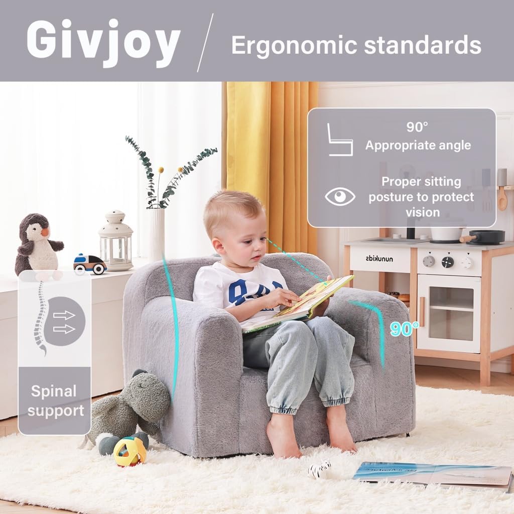 Kids Chair Plush Kids Couch, Comfy Kid Sofa Chair for Playroom, Convertible Child Couch for Playroom, Girls and Boys, Reading Chair for Kids Grey