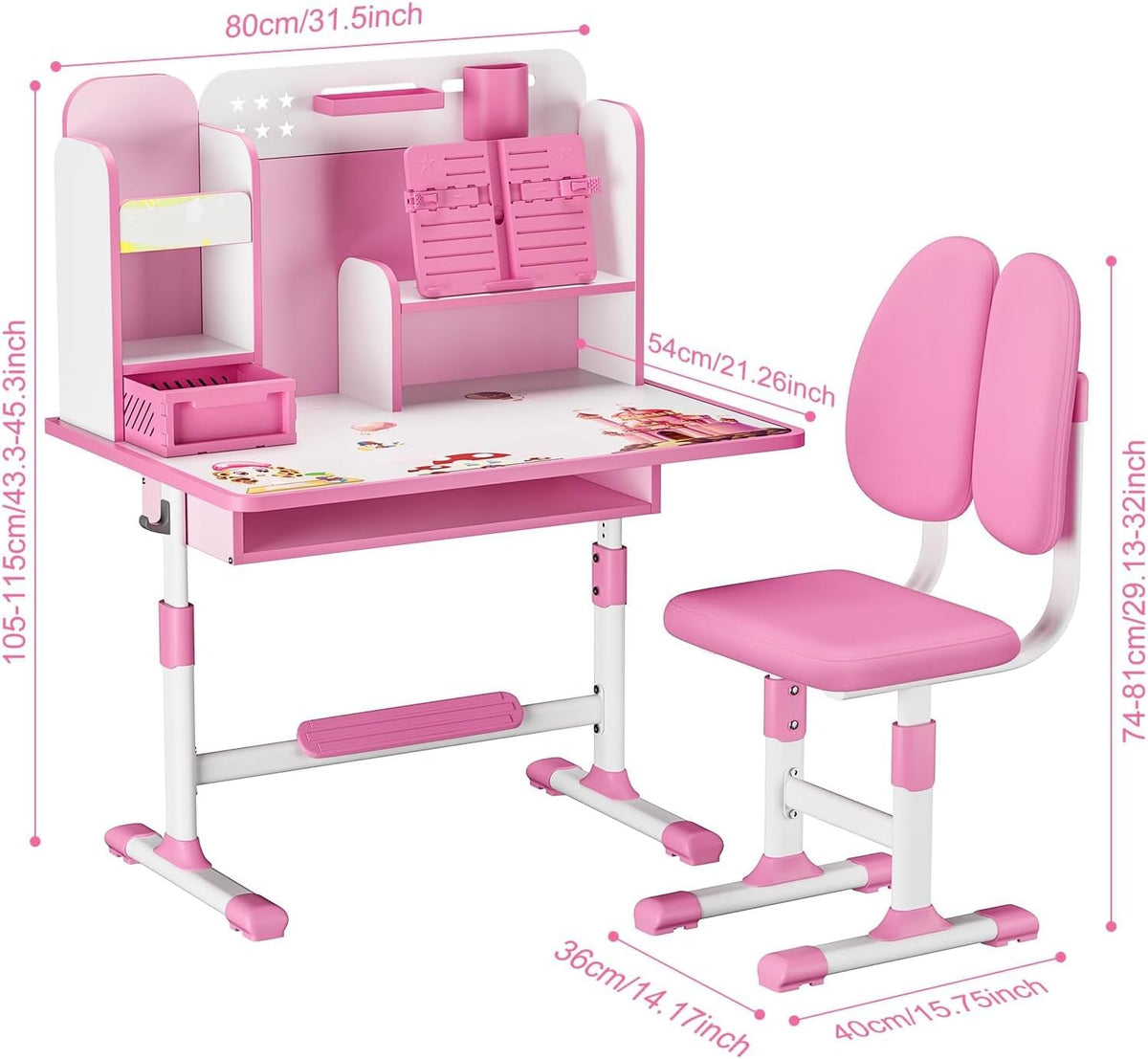 Kids Desk and Chair Set, Height Adjustable Toddler Desk and Chair Set, Children Study Table Chair Set with Sitting Corrector, Kids Art Desk with Storage and Drawers for Bedroom Reading Pink