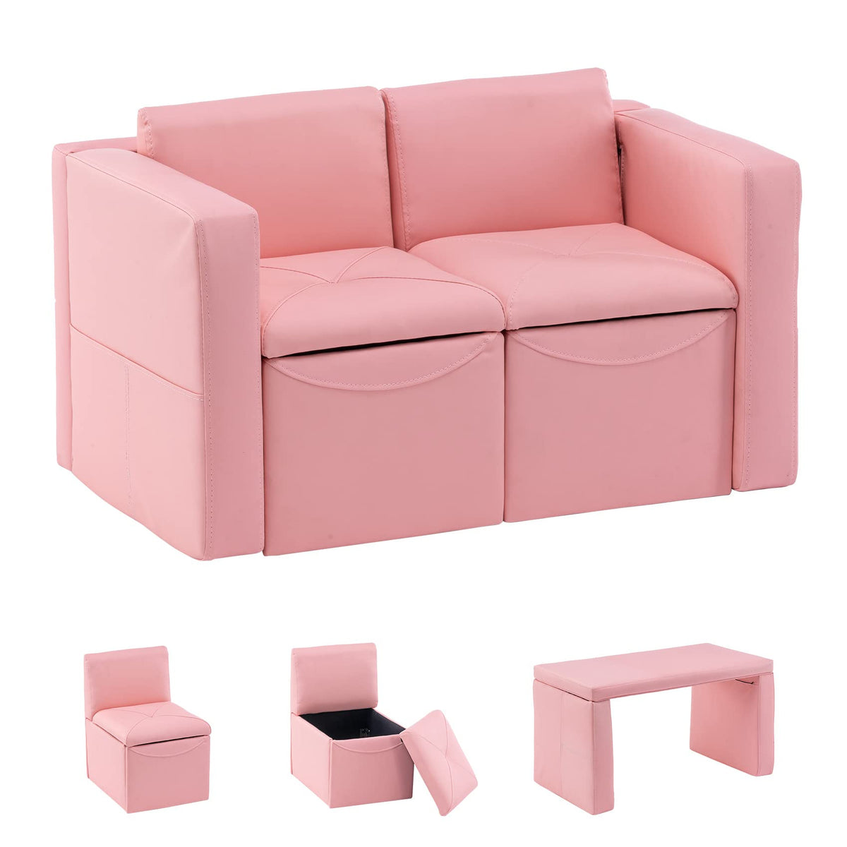UNICOO –Kids Sofa, 2-in-1 Double Set Sofa Convert to Table & 2 Chairs, Children Boys Girls Couch Armrest Chair with Storage Box (ZKL-111K-Beige)