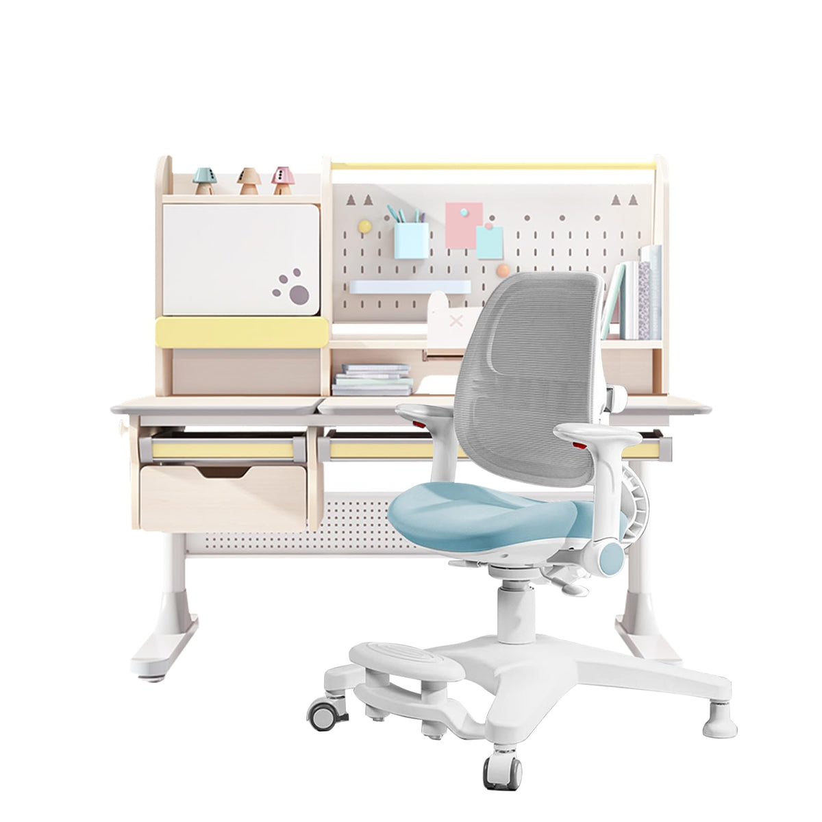 FCD Kids Desk and Chair, Wood Ergonomic Adjustable Multi Function Study Desk and Chair Set, Drafting Table and Computer Station with Tilt Desktop, Tablet Holder, Storage Cabinet and Drawers