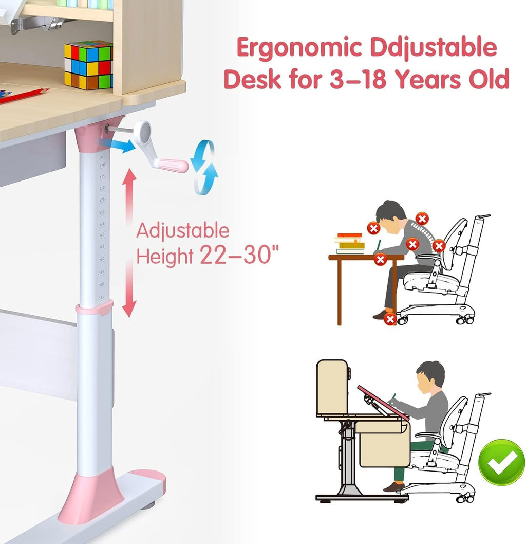 FCD Ergonomic Multi Function Wood Adjustable Kids Study Desk Drafting Table and Computer Station with Book Shelf and Hutch (Desk-310 Only, Pink)