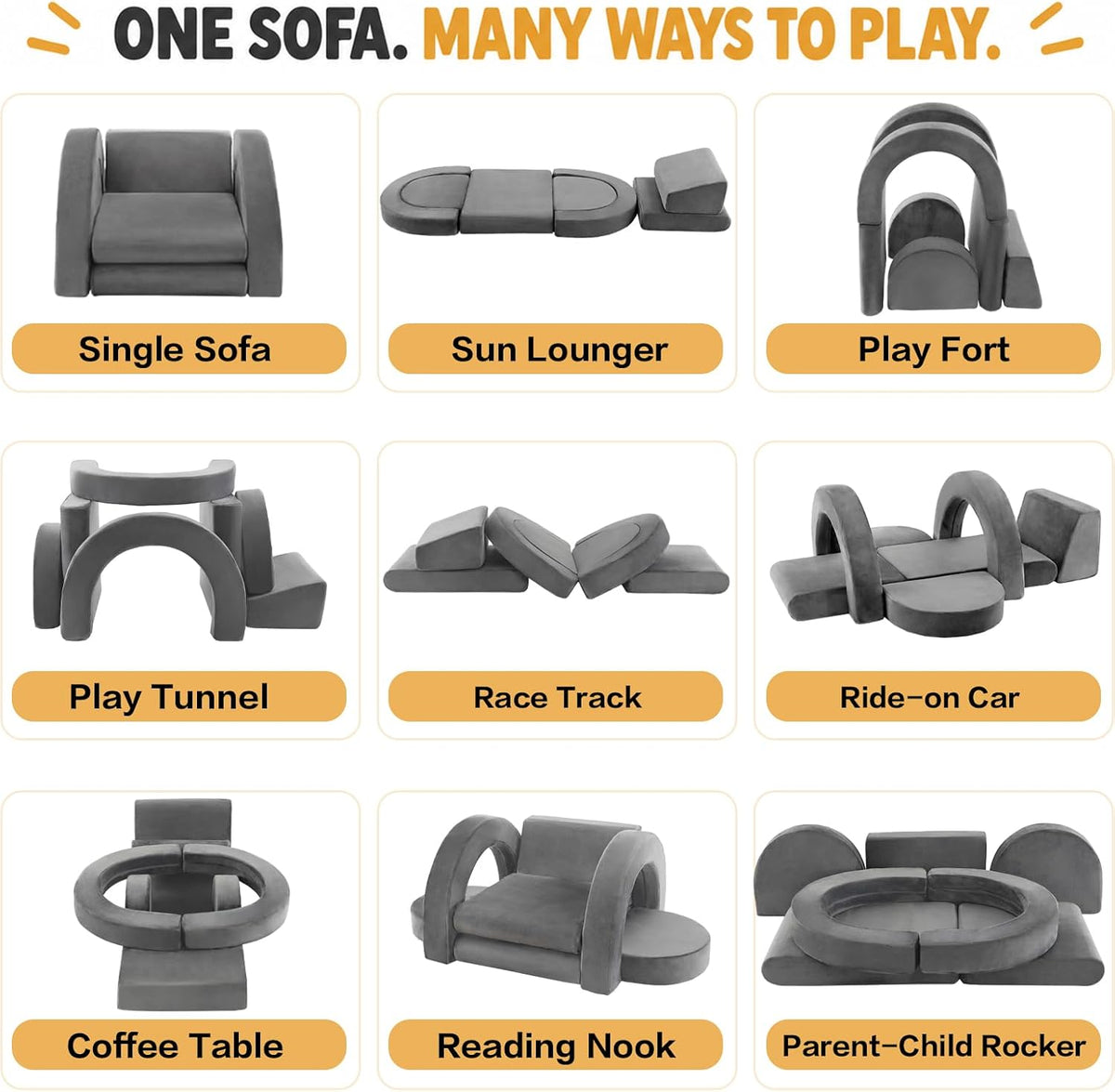 PY HOME & SPORTS Kids Modular Sofa Play Set, 7-Piece Creative Foam Couch for Children, Soft Coral Fleece, Multiple Configurations, Improves Hands-On Skills & Imagination, Compressed Packaging(Grey)