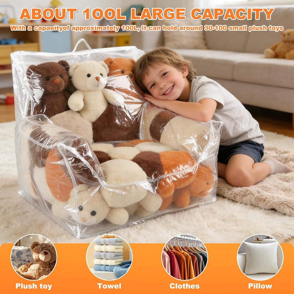 Clear Stuffed Animal Storage Bean Bag Chair Cover for Kids, 100L Waterproof & Easy-Clean TransparentPlush Storage Chair with Zipper and Handle Creative PVC Plush Toys Storage Cover 24.8*24.8*24.8''