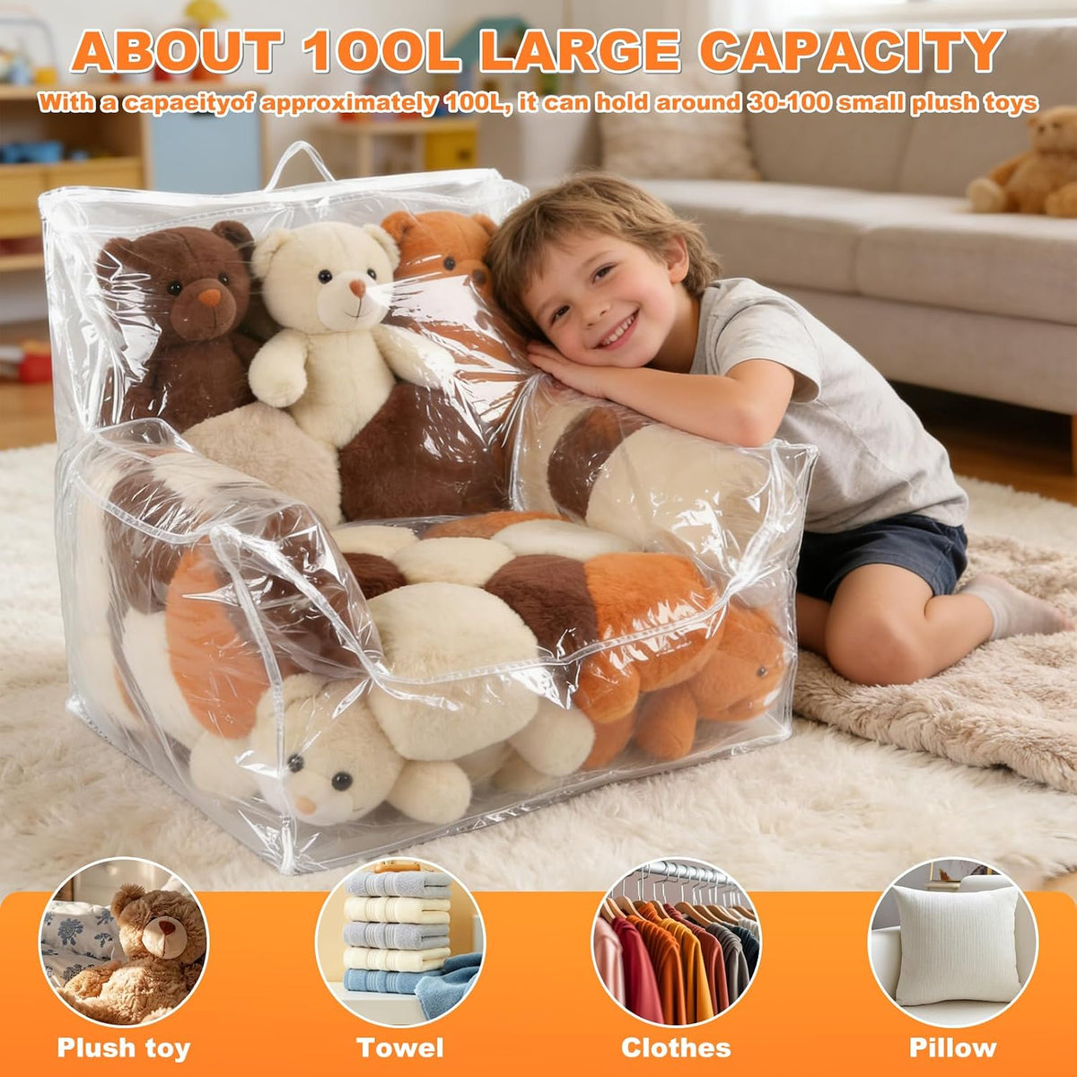 Clear Stuffed Animal Storage Bean Bag Chair Cover for Kids, 100L Waterproof & Easy-Clean TransparentPlush Storage Chair with Zipper and Handle Creative PVC Plush Toys Storage Cover 24.8*24.8*24.8''