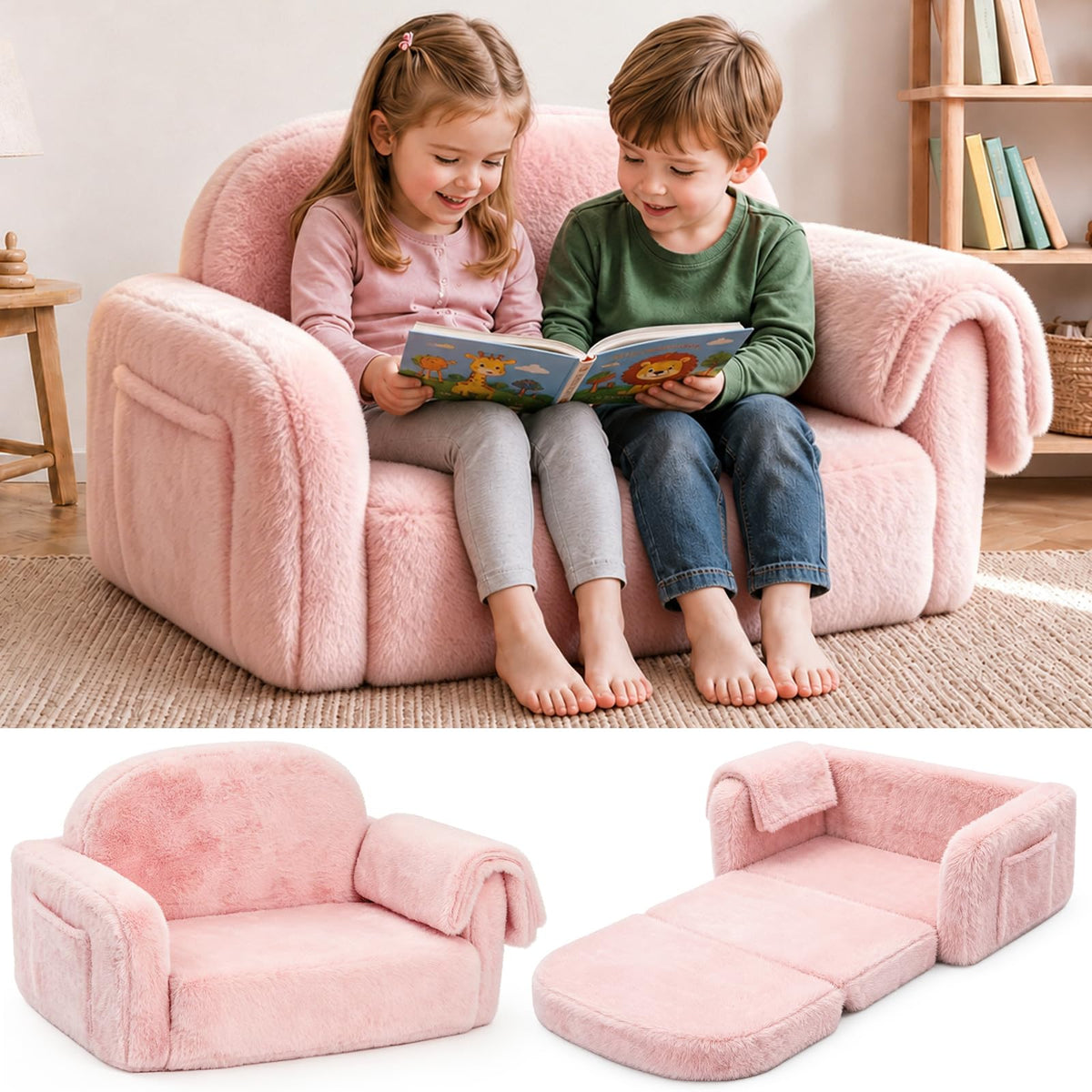 Foryoomi 2-in-1 Kids Plush Kids Couch, Extra Wide Toddler Couch with Bonus Blanket – Ultra-Thick Faux Fur Convertible Sofa Chair, Fold-Out Play Mat, Side Pocket & Carry Handle, Beige