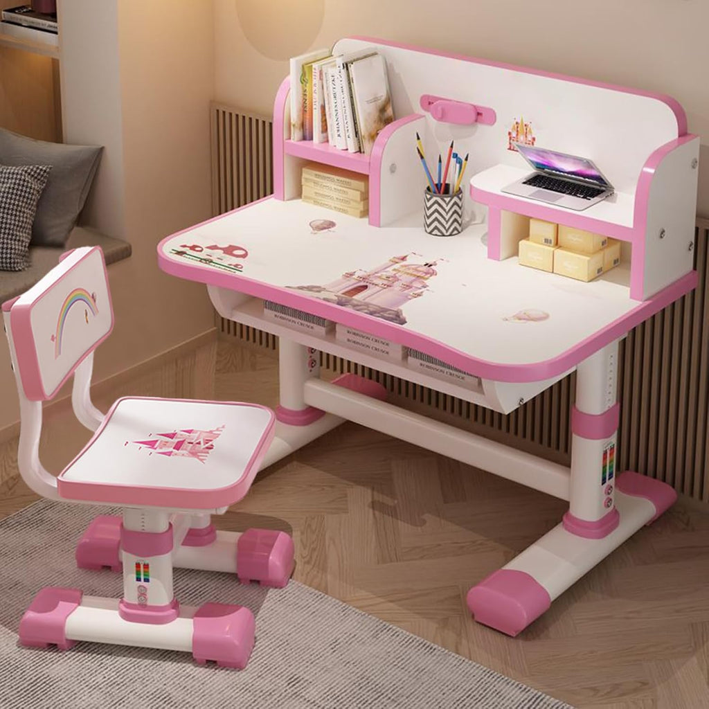 Kids Desk and Chair Set, Height Adjustable Astronaut Pattern Children School Desk with Shelf & Large Drawers, Kids Writing Study Table for Boys Girls 3+ (Pink H)