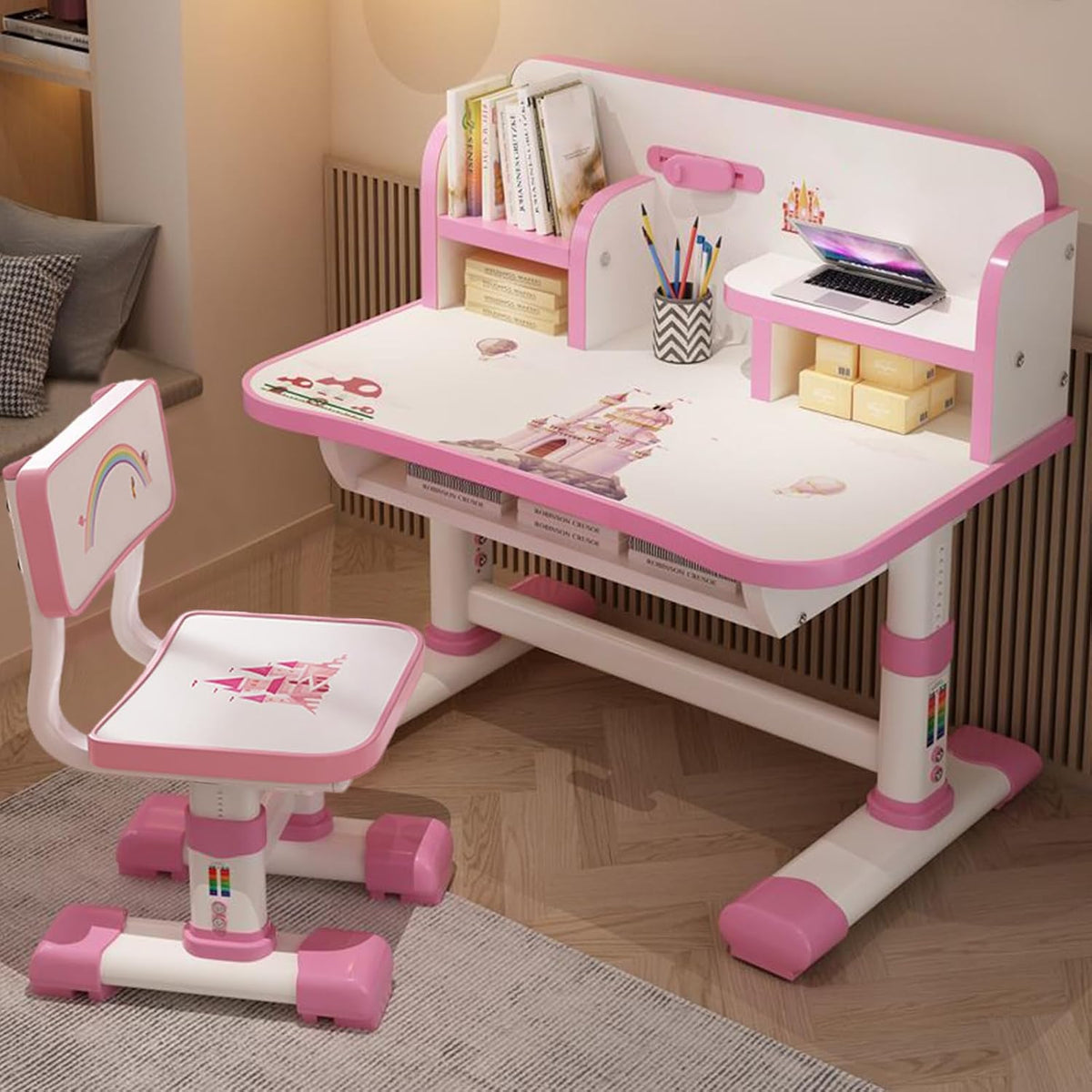 Kids Desk and Chair Set, Height Adjustable Astronaut Pattern Children School Desk with Shelf & Large Drawers, Kids Writing Study Table for Boys Girls 3+ (Pink H)