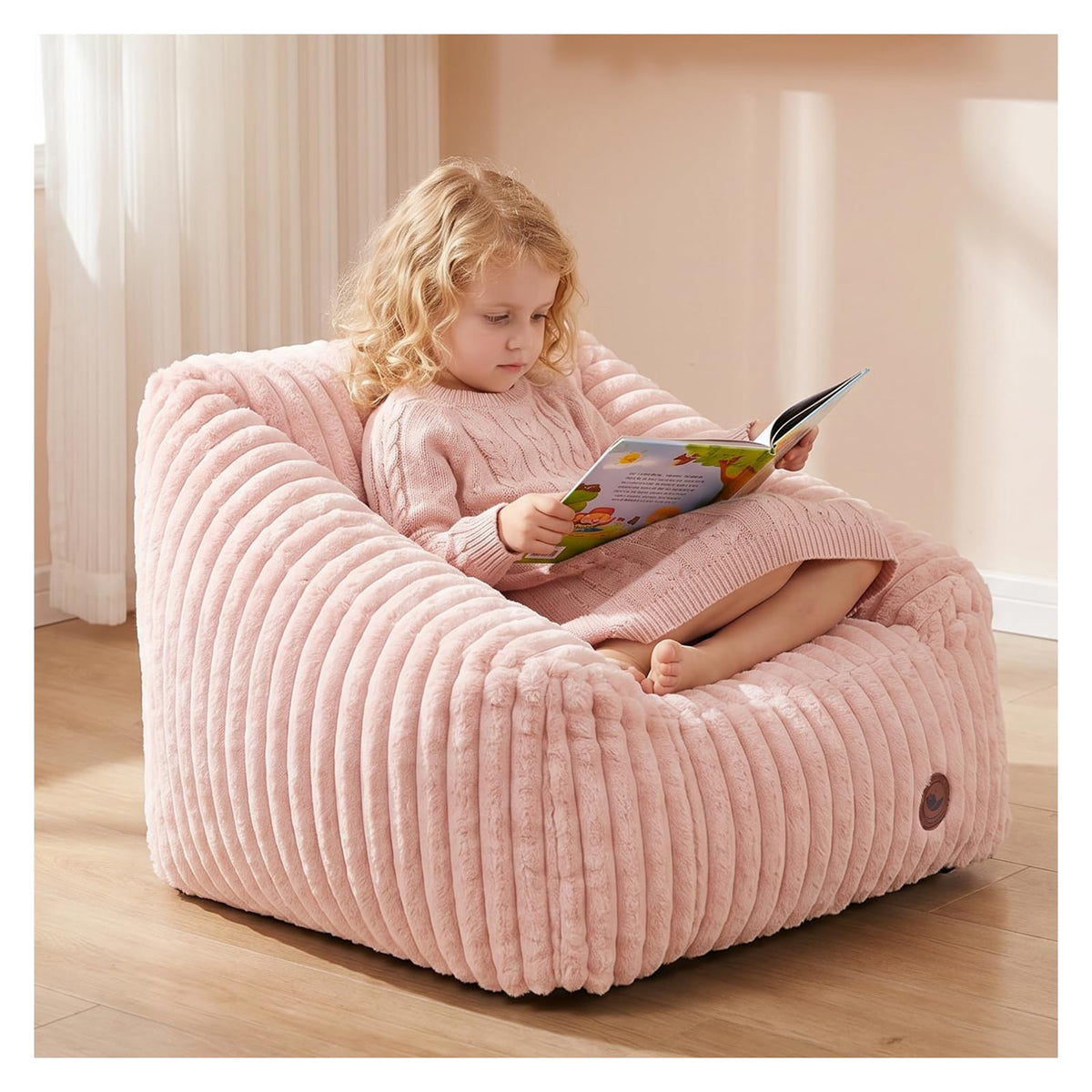Small Kids Bean Bag Chair,Memory Foam Filled Bean Bags with Beige Stripe Plush Bean Bag Sofa Removable&Washable Cover for Reading Gaming Bedroom Living Room Playroom
