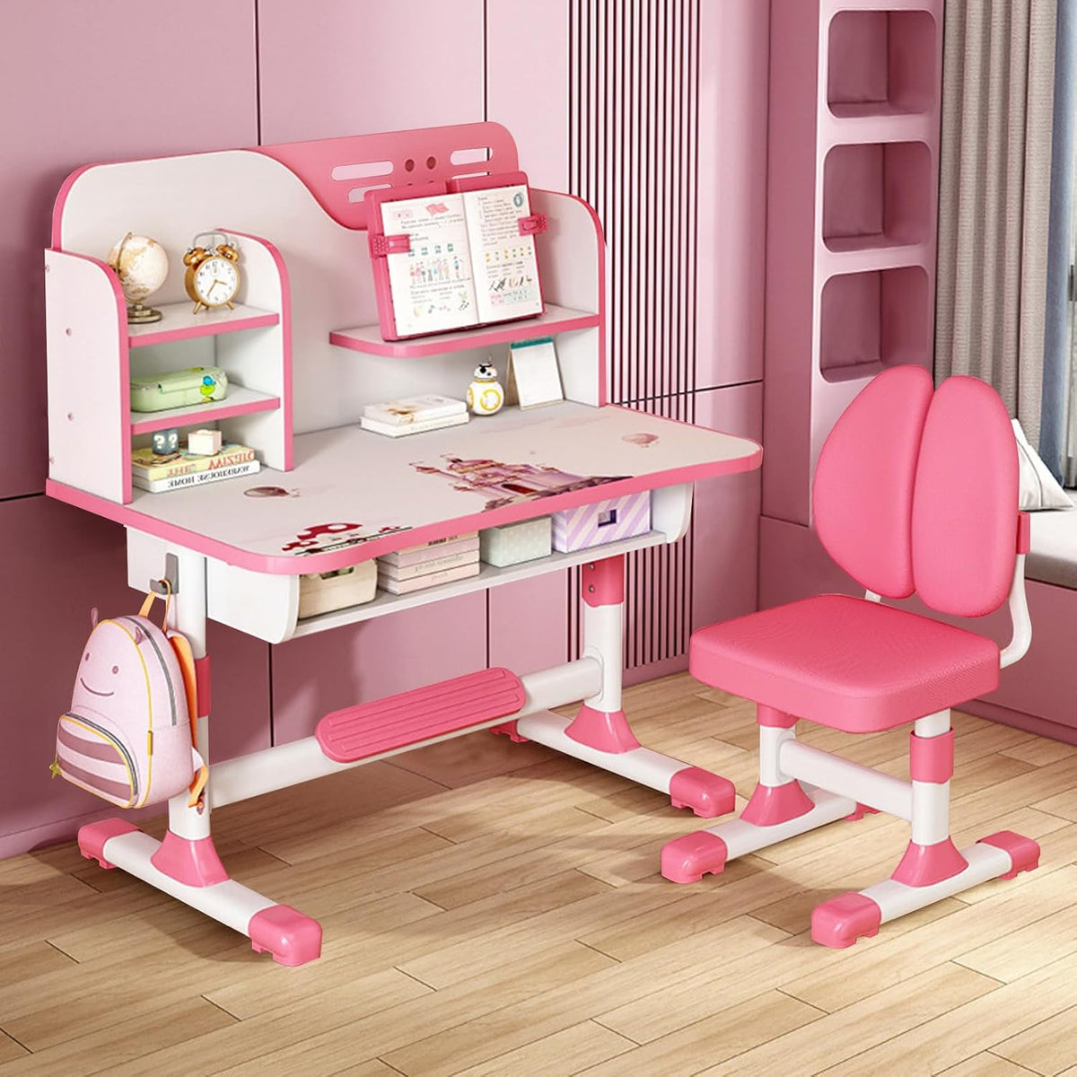 Kids Study Desk Chair Set - Height Adjustable Children's Desk and Chair School Study Table Chair with Astronaut Pattern,Ergonomic Desk Chair with Writing Board, Bookshelf and Drawer Pink