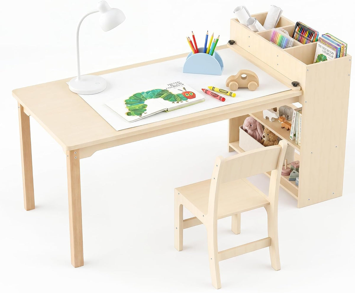 Kids Table and Chair Set, Wooden Toddler Activity Table with Storage Cabinet, Birch Art Desk for Drawing, Crafts, Reading and Games, 1 Chair Included