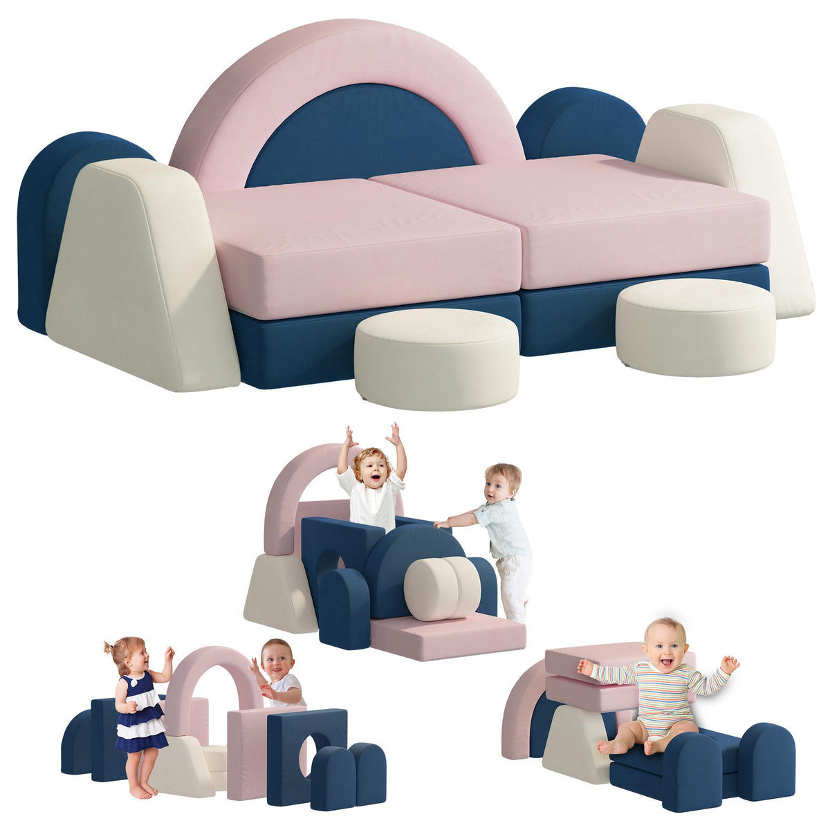 HedoAjim 7 PCS Modular Kids Play Block Sofa Child Couch Toddler Building Fortplay Bedroom Playroom Baby Convertible Floor Foam Cushion for Boys & Girls(Beige-Single)