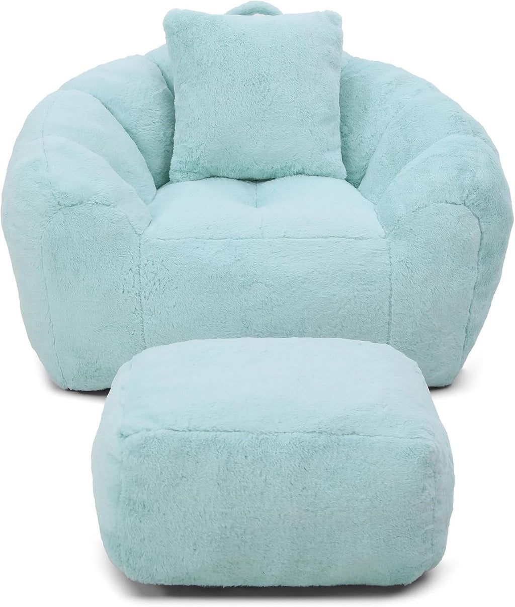 Giant Bean Bag Chair for Adults, Memory Foam Filler Big Stuffed Accent Sofa with Footstool, Faux Fur Shell-Shaped Lounge Chair for Bedroom, Gaming, Reading - Indoor Beanbag Couch for Kids (Light Blue)