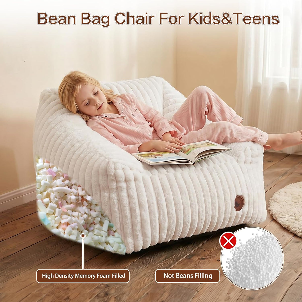 Small Kids Bean Bag Chair,Memory Foam Filled Bean Bags with Beige Stripe Plush Bean Bag Sofa Removable&Washable Cover for Reading Gaming Bedroom Living Room Playroom