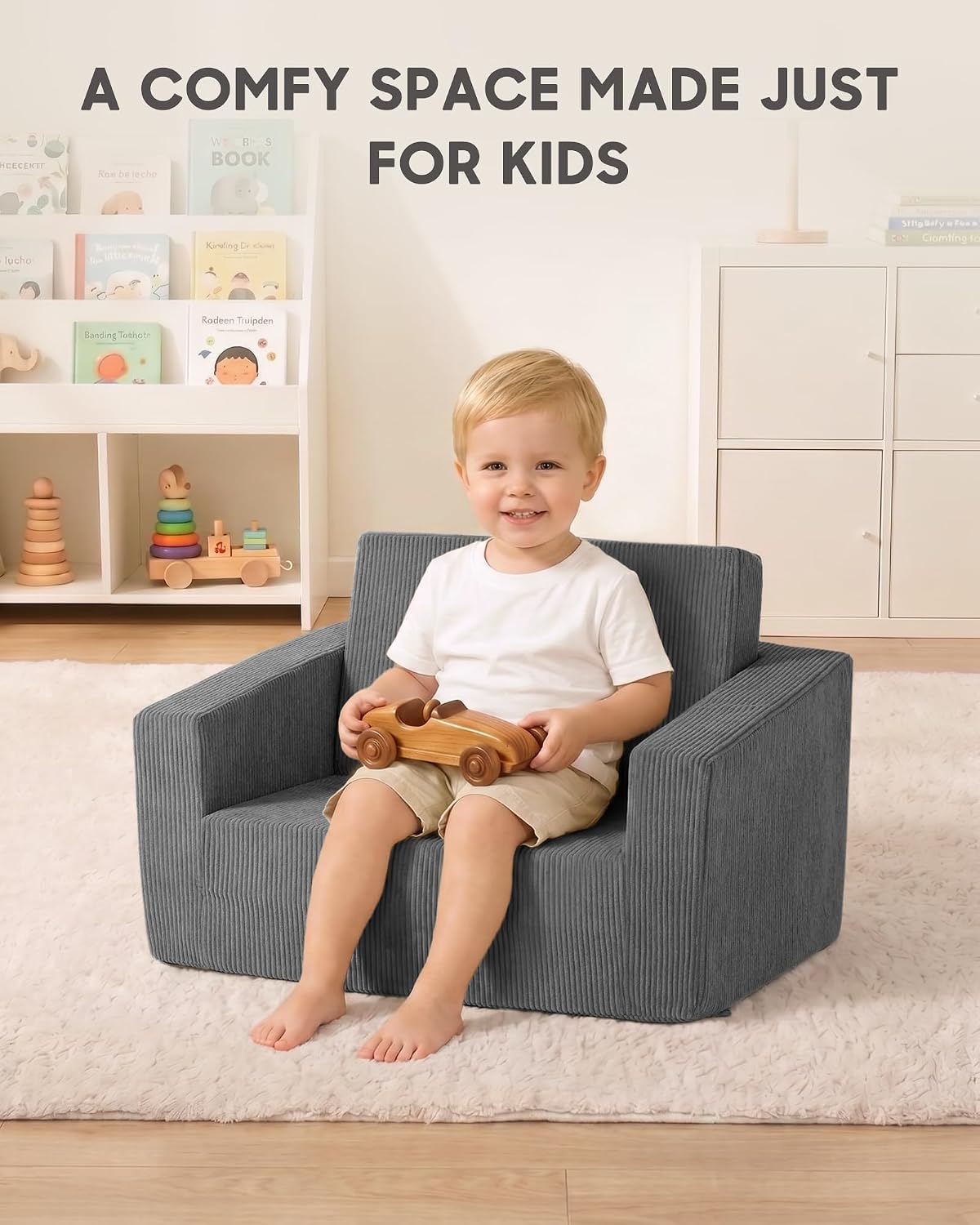 2-in-1 Kids Chair and Couch, Larger Cozy Corduroy Kids Sofa, Grey