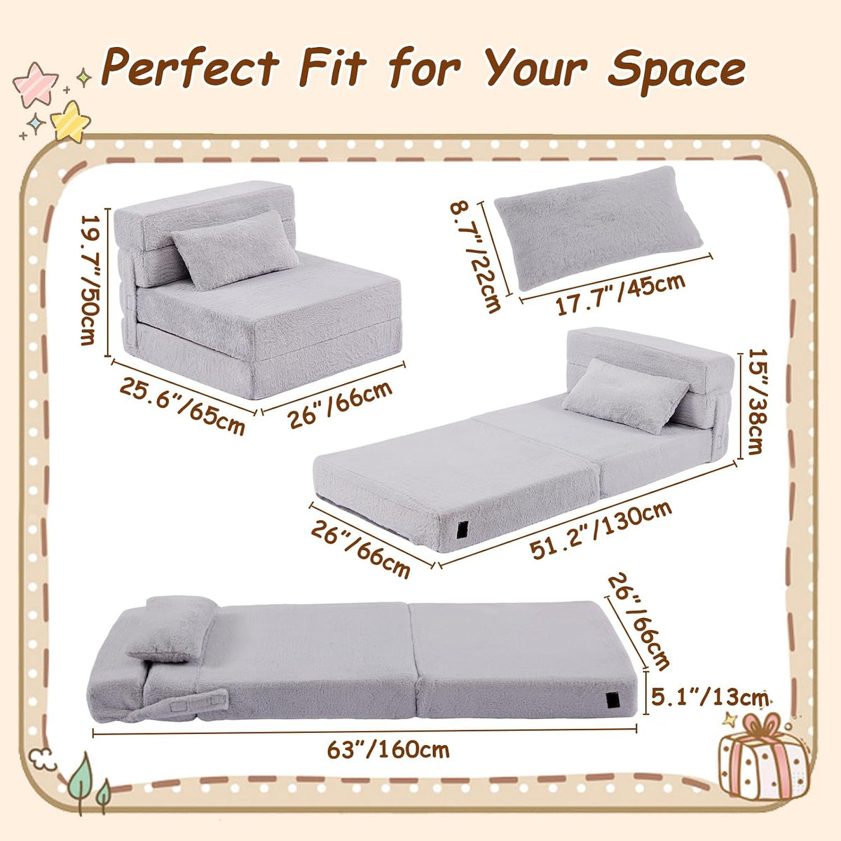 Foldable Sofa for Kids with Pillow, Washable Folding Floor Mat for Child