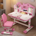 Kids Desk and Chair Set, Height Adjustable, Castle Backboard, Girls Desk with Bookstand and Storage Drawer, Widened Desktop (Pink)