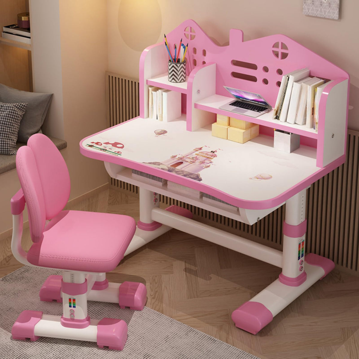 cdar Kids Desk Chair Set,Multi Functional Widened Children Desktop with Tilt Book Stand Drawer Cartoon Pattern School Height Adjustable Study Table and Set for Boys Girls (Cartoon Pink)