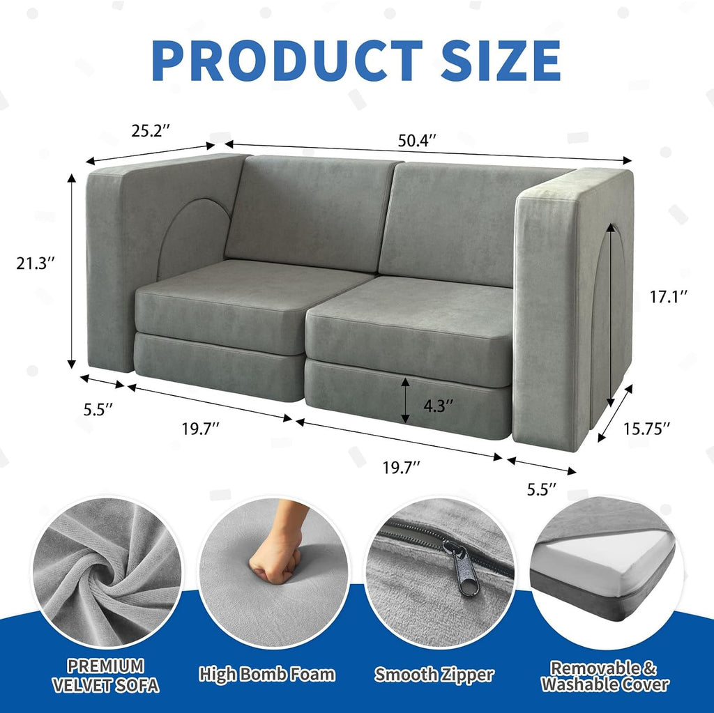 wanan Kids Couch 10PCS, Modular Kids Play Couch for Playroom Bedroom, 10 in 1 Multifunctional Kid Sofa for Playing, Creativing, Sleeping, Indoor Toddler Couches for Boys and Girls(Grey)