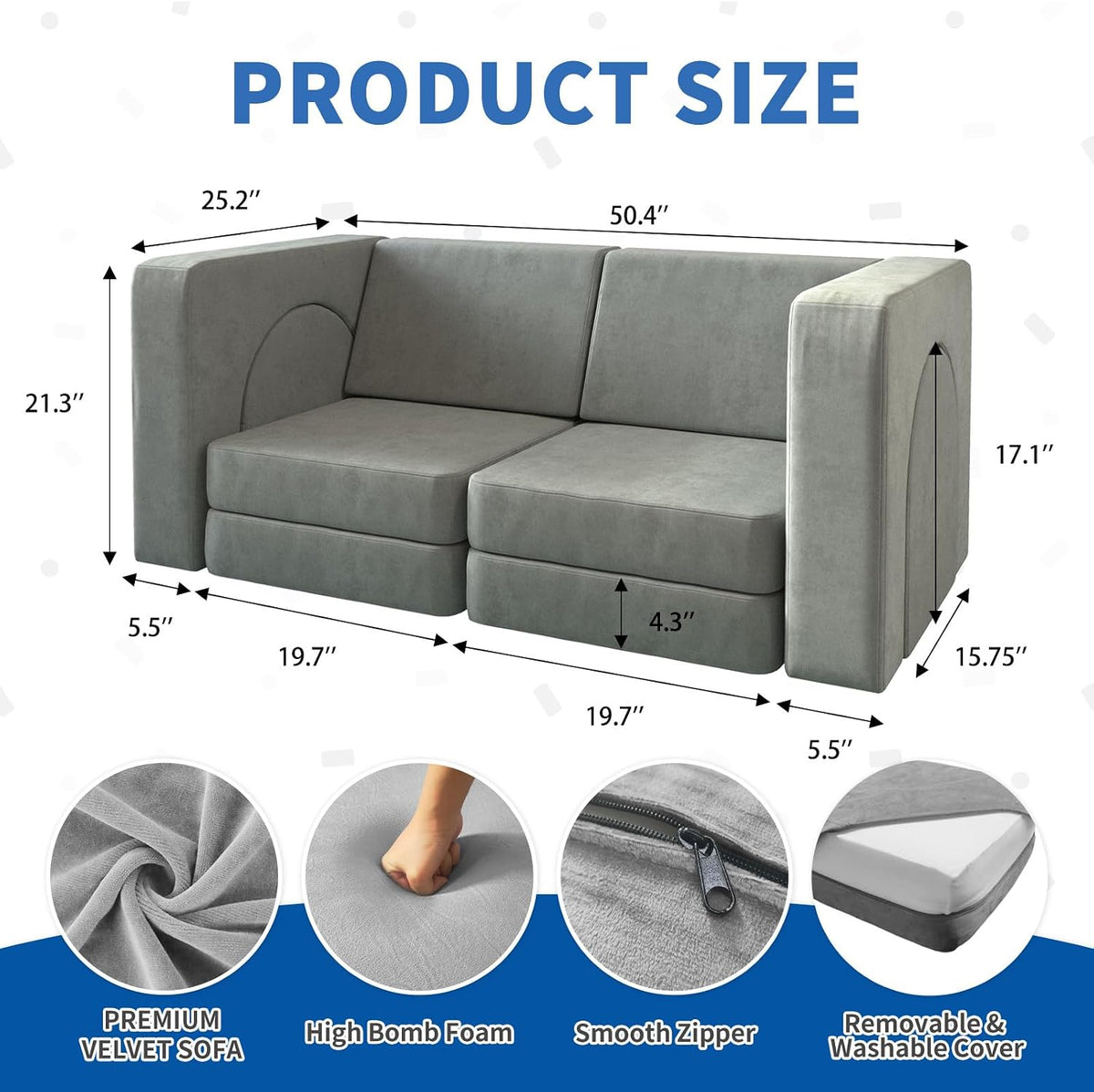 wanan Kids Couch 10PCS, Modular Kids Play Couch for Playroom Bedroom, 10 in 1 Multifunctional Kid Sofa for Playing, Creativing, Sleeping, Indoor Toddler Couches for Boys and Girls(Grey)