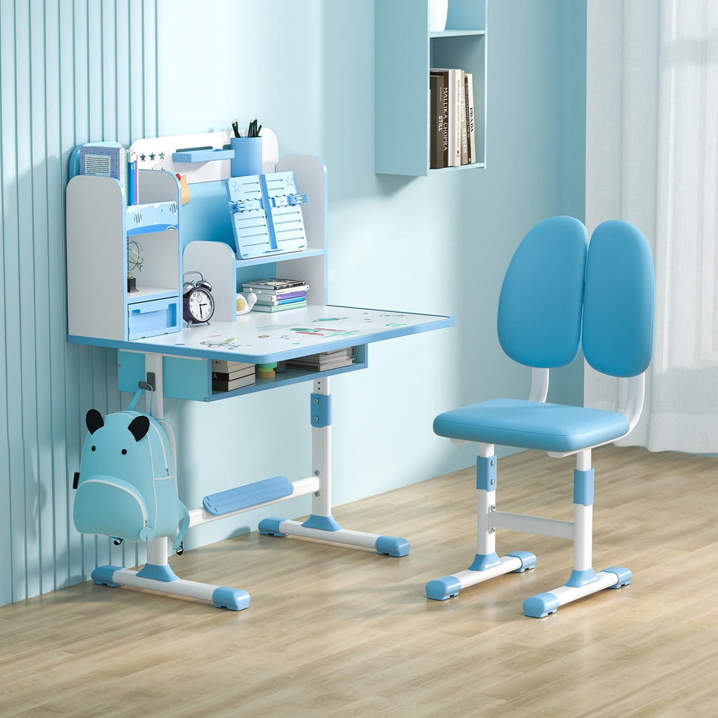 Kids Desk and Chair Set, Height Adjustable Toddler Desk and Chair Set, Children Study Table Chair Set with Sitting Corrector, Kids Art Desk with Storage and Drawers for Bedroom Reading Pink