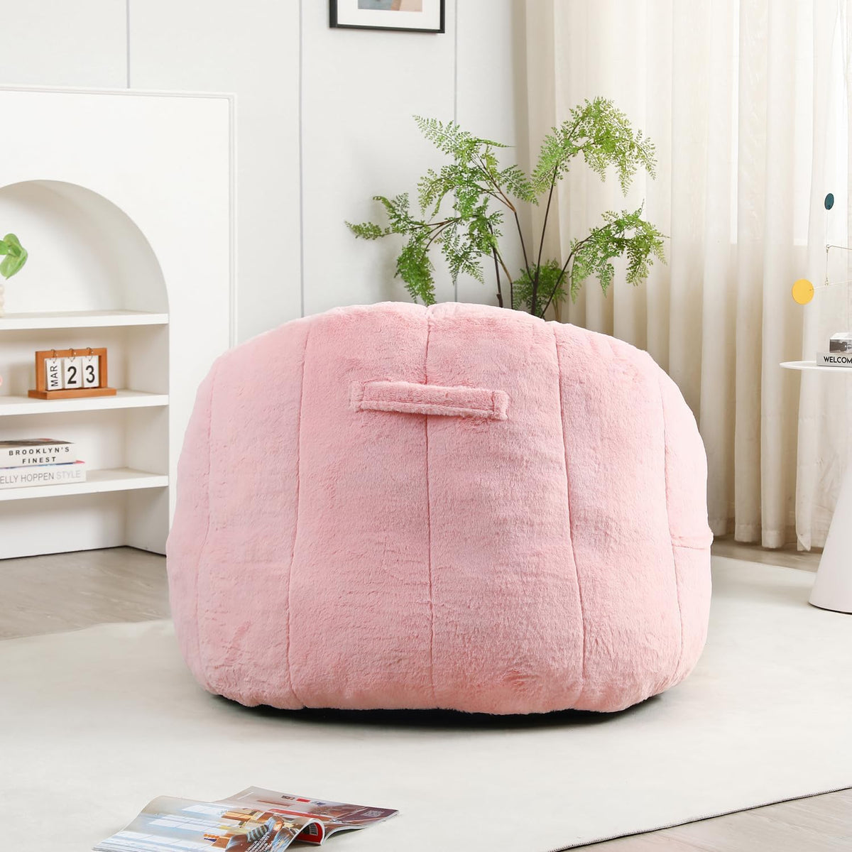 Bean Bag Chair with Arms for Adults - Furry Lazy Sofa, Armrests Stuffed High-Density Foam Filler Chair, Small Cozy Reading in Bedroom Living Room and Dorms (Pink)