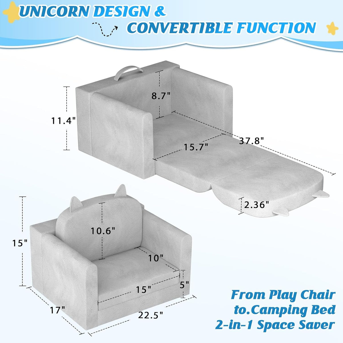 Kids Sofa Bed Ages 3+ with Washable Cover, Foldable Toddler Chair