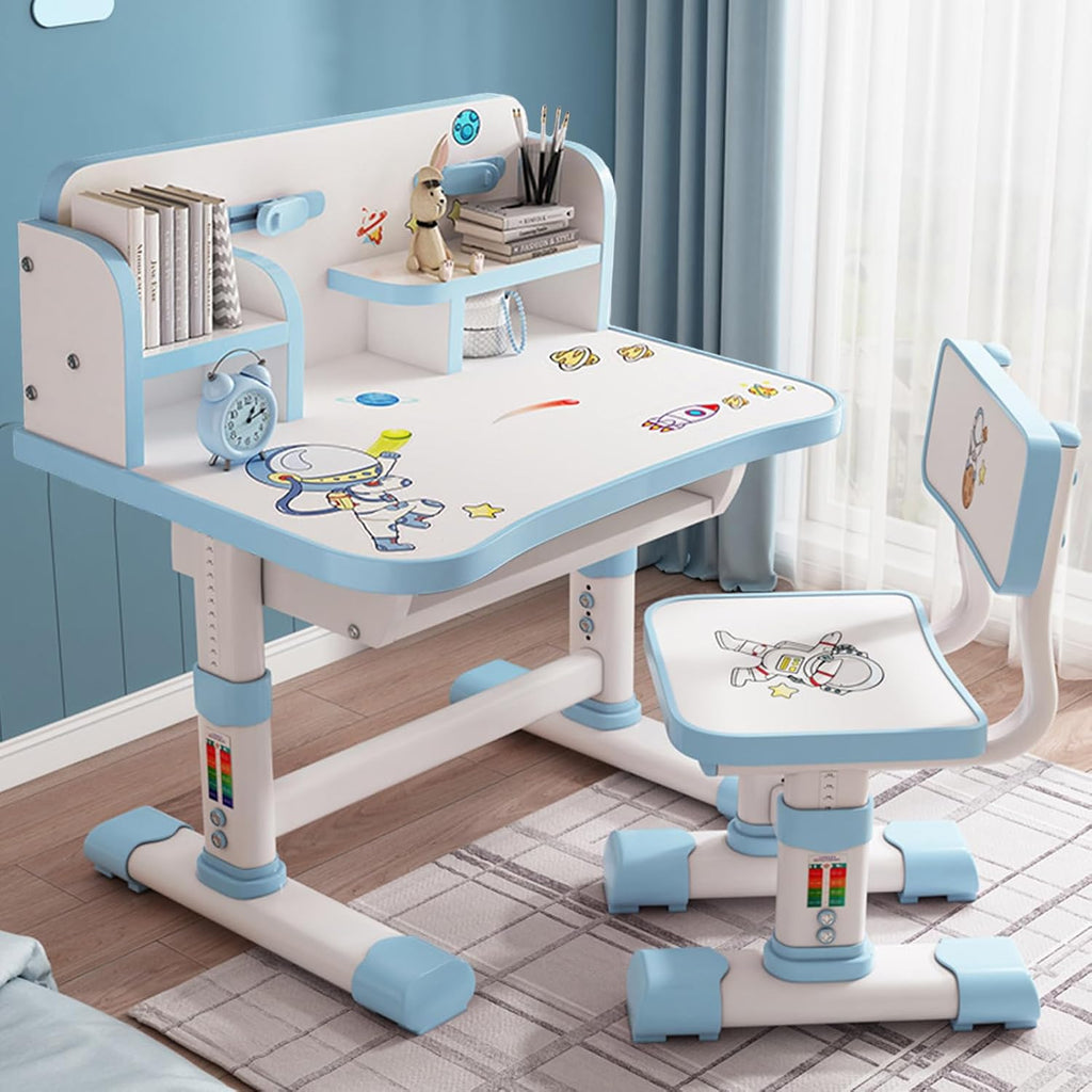 Kids Desk and Chair Set, Height Adjustable Astronaut Pattern Children School Desk with Shelf & Large Drawers, Kids Writing Study Table for Boys Girls 3+ (Blue H)