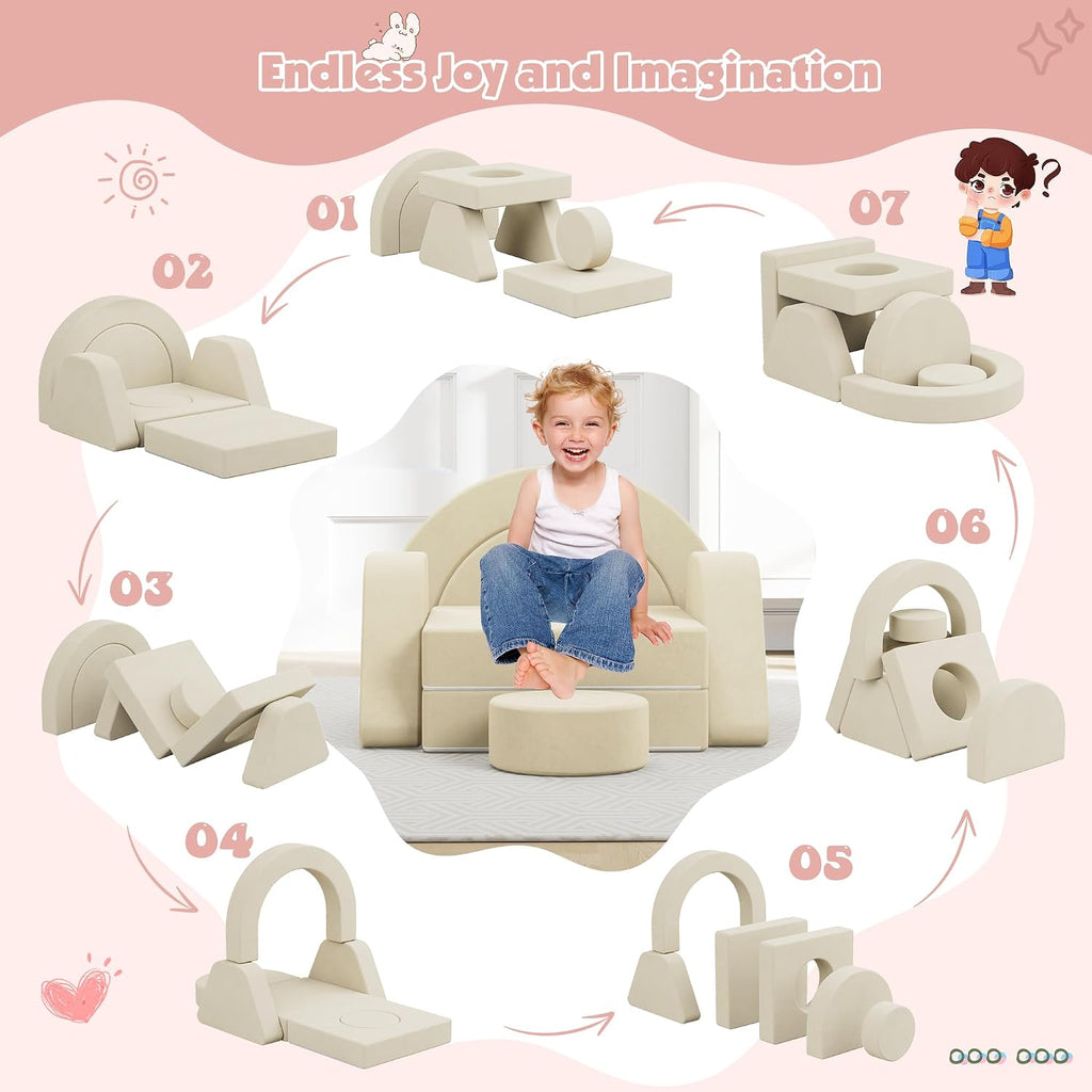 HedoAjim 7 PCS Modular Kids Play Block Sofa Child Couch Toddler Building Fortplay Bedroom Playroom Baby Convertible Floor Foam Cushion for Boys & Girls(Beige-Single)