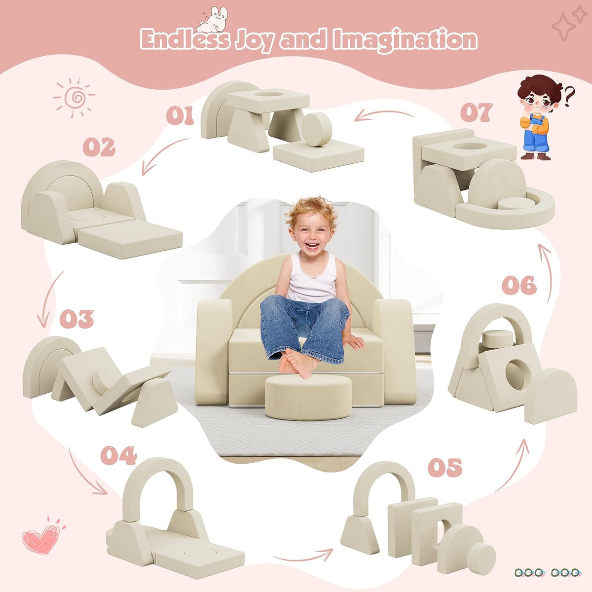 HedoAjim 7 PCS Modular Kids Play Block Sofa Child Couch Toddler Building Fortplay Bedroom Playroom Baby Convertible Floor Foam Cushion for Boys & Girls(Beige-Single)