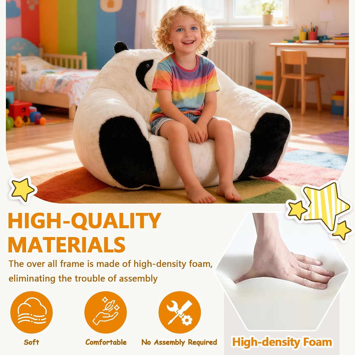 Majnesvon Panda Kid Bean Bag with Filler, Small Beanbags for Kids, Fluffy Bean Bag Chair & Single Seat Sofa for Bedroom Living Room Children's Room