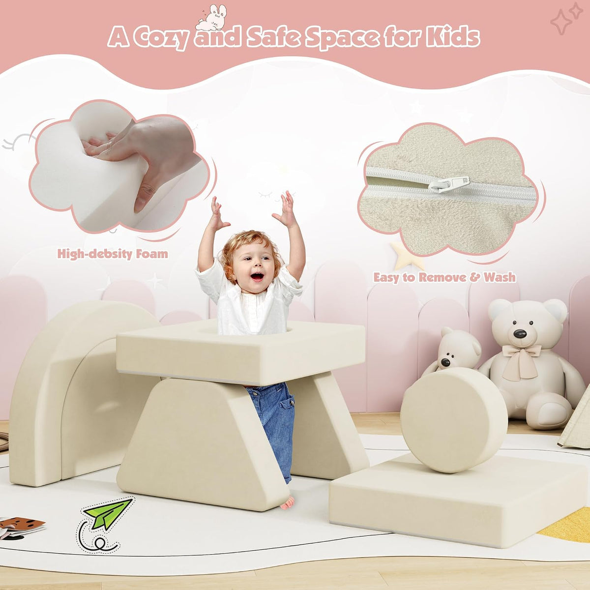 HedoAjim 7 PCS Modular Kids Play Block Sofa Child Couch Toddler Building Fortplay Bedroom Playroom Baby Convertible Floor Foam Cushion for Boys & Girls(Beige-Single)