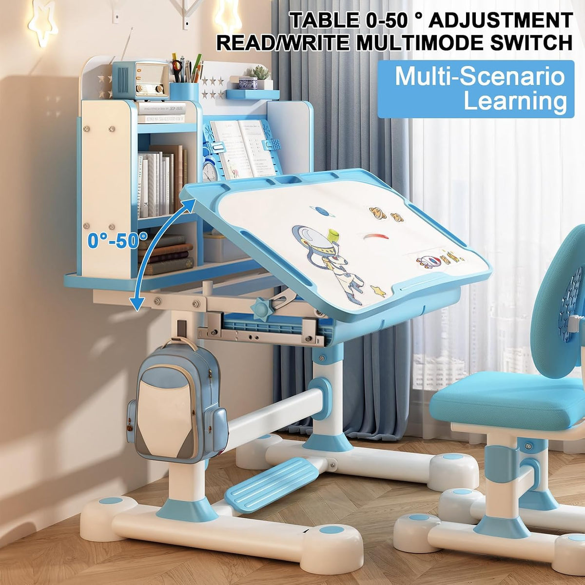Honrane 2Pcs/Set Study Desk and Chair Set, Height Adjustable Kids School Desk with Sitting Corrector, Cartoon Learning Desks, Kids Desk, Children Study Table with Storage, Bookshelf,Foot Pedal Blue