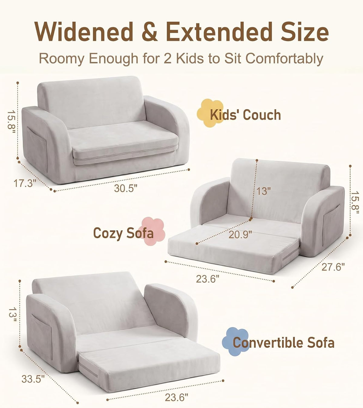 little dove 3-in-1 Extra Wide Convertible Kids Couch, Flip Open Kid Sofa, Machine-Washable Kid Couch for Girls, Kids Sofa for Fun Playtime, Gray