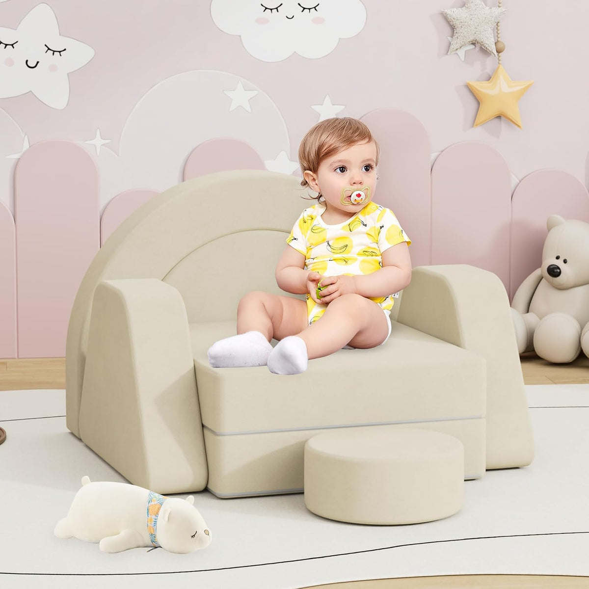 HedoAjim 7 PCS Modular Kids Play Block Sofa Child Couch Toddler Building Fortplay Bedroom Playroom Baby Convertible Floor Foam Cushion for Boys & Girls(Beige-Single)