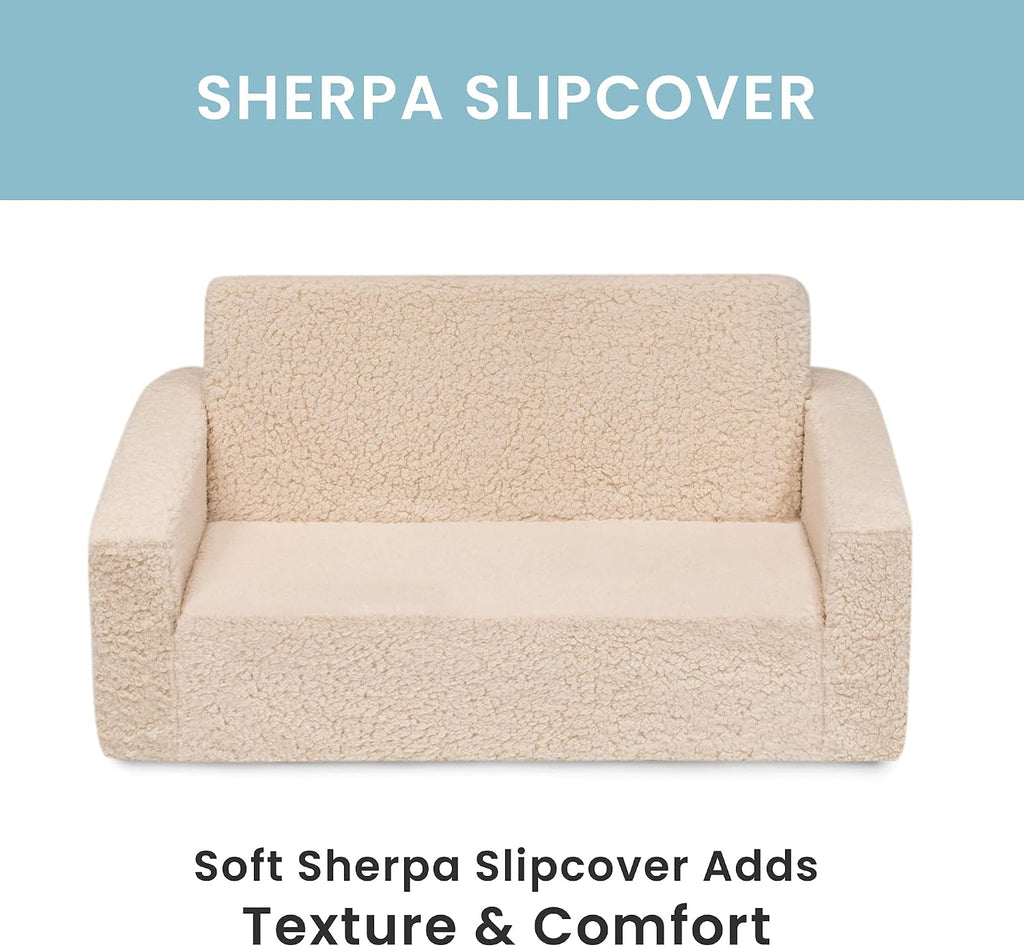 Delta Children Cozee Flip-Out Sherpa 2-in-1 Convertible Sofa to Lounger for Kids, Cream