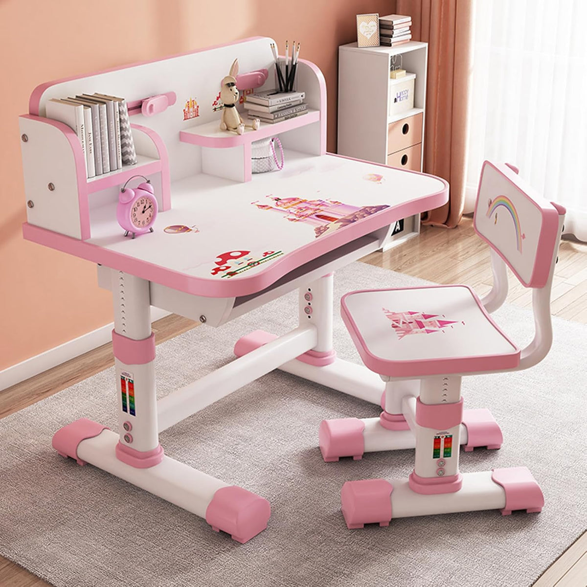 Kids Desk and Chair Set, Height Adjustable Astronaut Pattern Children School Desk with Shelf & Large Drawers, Kids Writing Study Table for Boys Girls 3+ (Pink H)