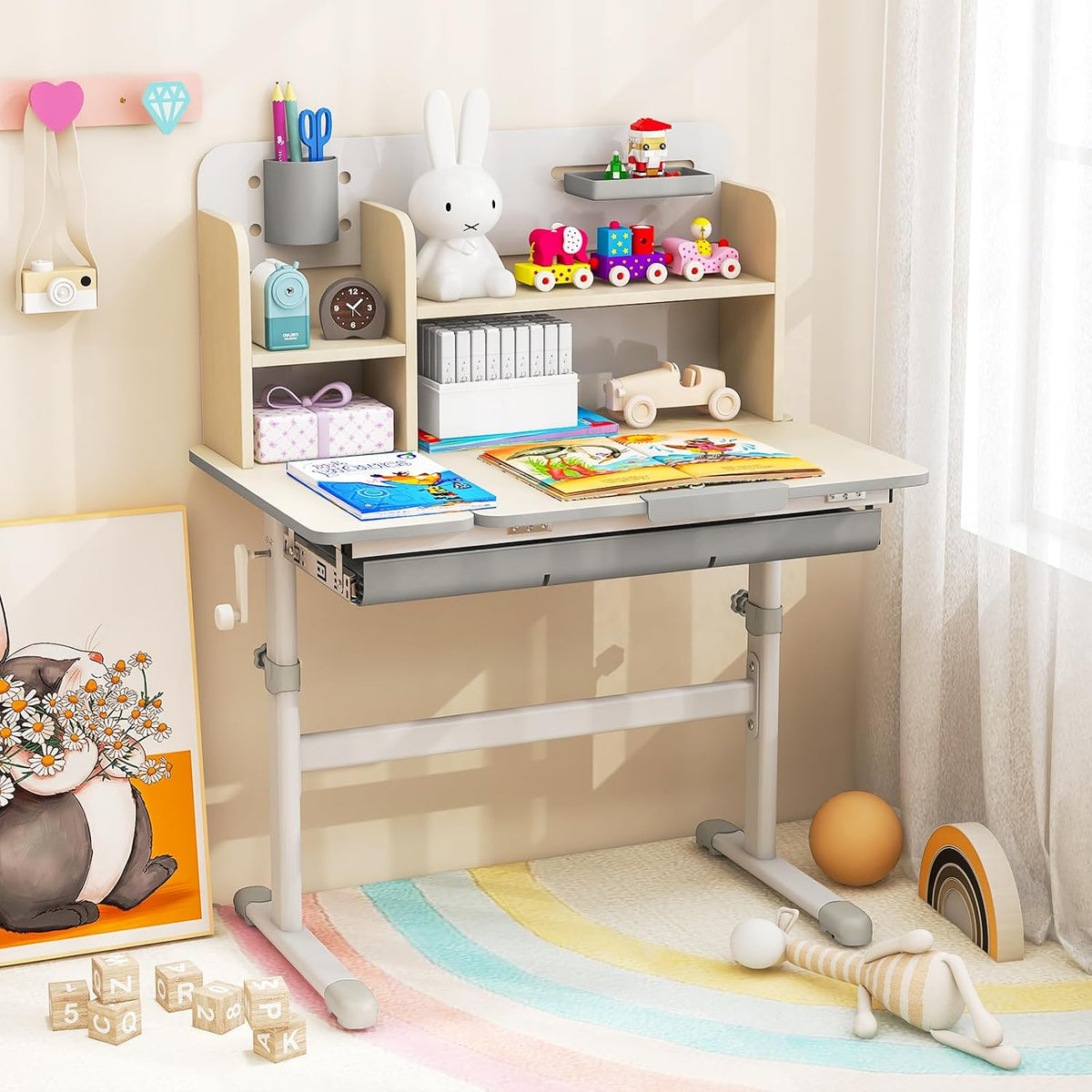 GLACER Desk for Kids, Ergonomic Children Standing School Table with 0-60° Tiltable Surface, Pen Holder, Height Adjustable Kids Study Desk, Wooden Workstation for Little Boys and Girls Aged 3-12 (Gray)