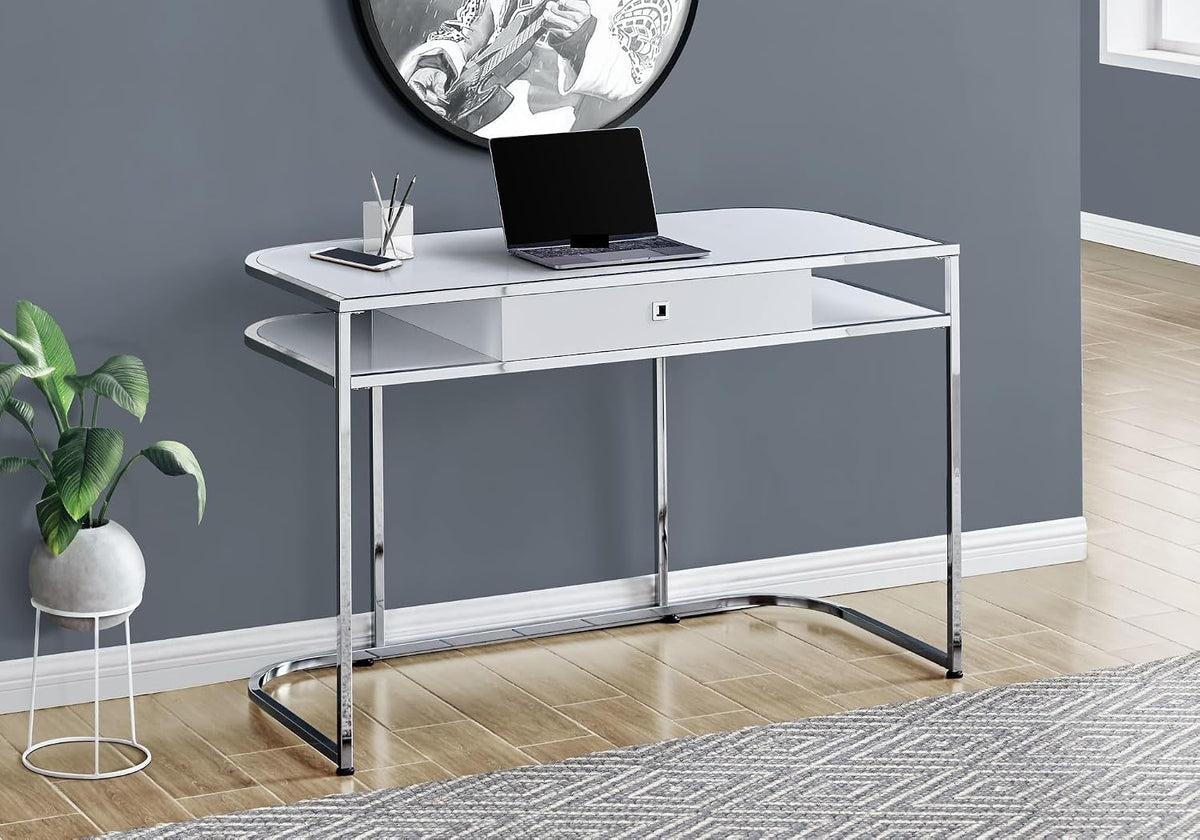 Computer Desk, Home Office, Laptop, Storage Drawers, 48" l, Work, White Laminate, Chrome Metal