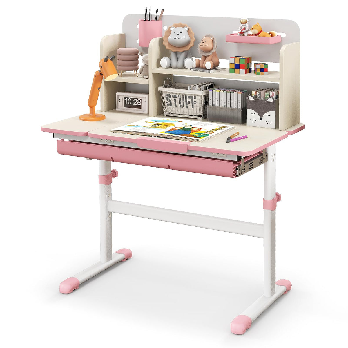 HONEY JOY Kids Desk, Children School Study Desk w/ 7-Level Tiltable Desktop, Height Adjustable Table w/Bookshelf, Pull-Out Drawer & Pen Holder, Student Writing Workstation, Desk for Girls Boys (Gray)