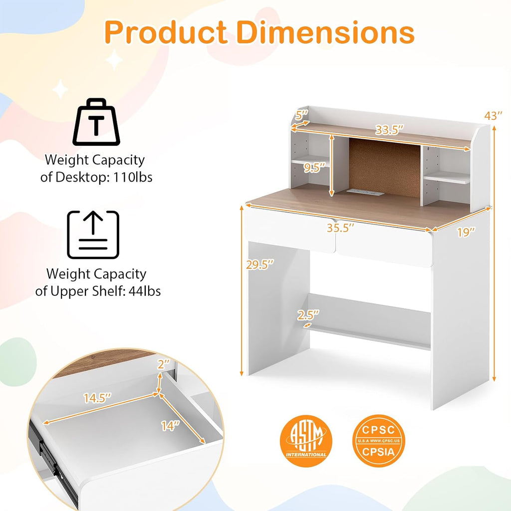 Costzon Kids Study Desk, Student Writing Table with Power Outlets (White)
