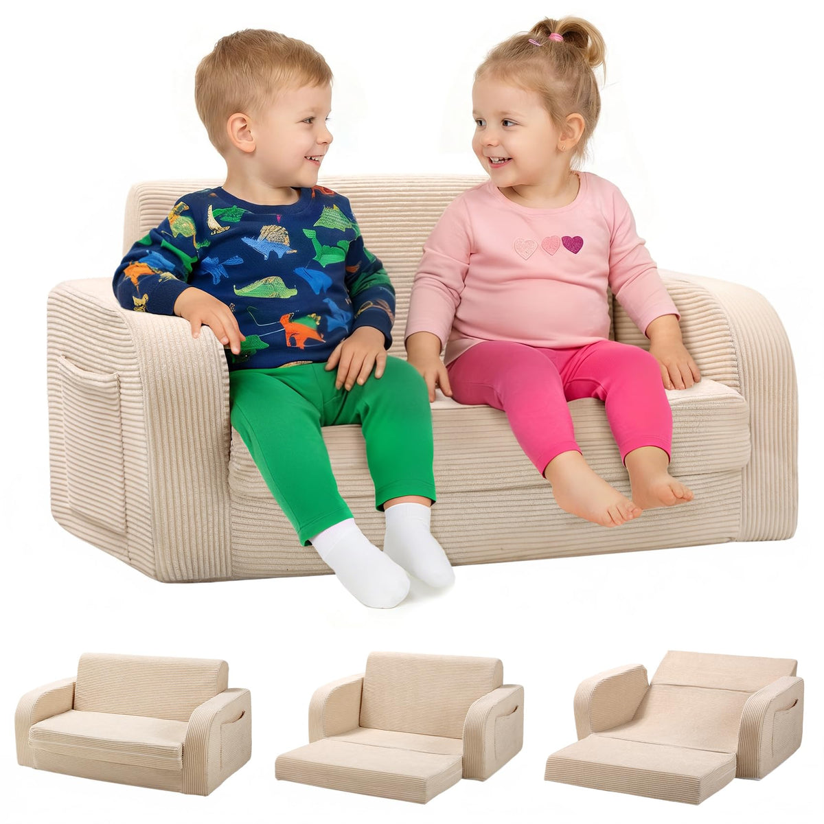 little dove 3-in-1 Extra Wide Convertible Kids Couch, Flip Open Kid Sofa, Machine-Washable Kid Couch for Girls, Kids Sofa for Fun Playtime, Gray