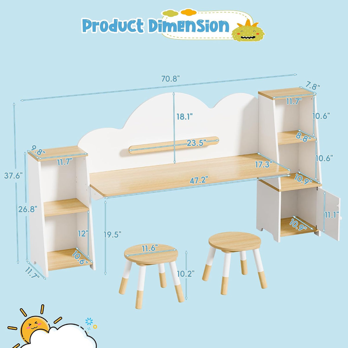 Wooden Kids Study Desk with Storage and 2 Stools, Kids Study Desk and Chair Set, Children Study Table with Bookshelves, Boys & Girls Study Desk for Ages 3-8, Bedroom, Toddler
