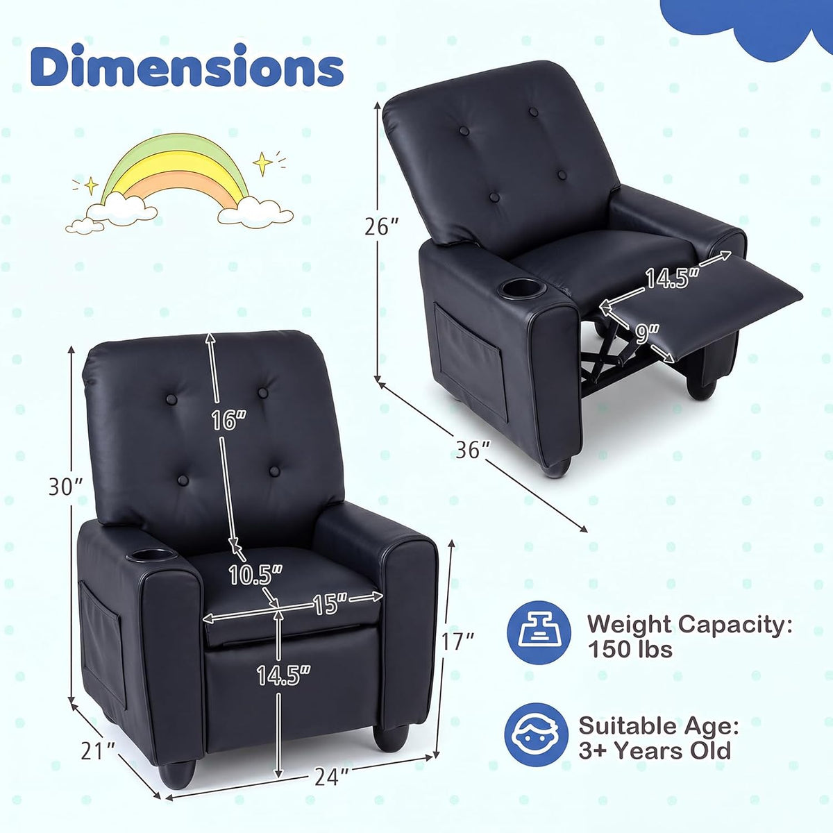 HONEY JOY Kids Recliner Chair, PU Leather Toddler Sofa for Ages 3+