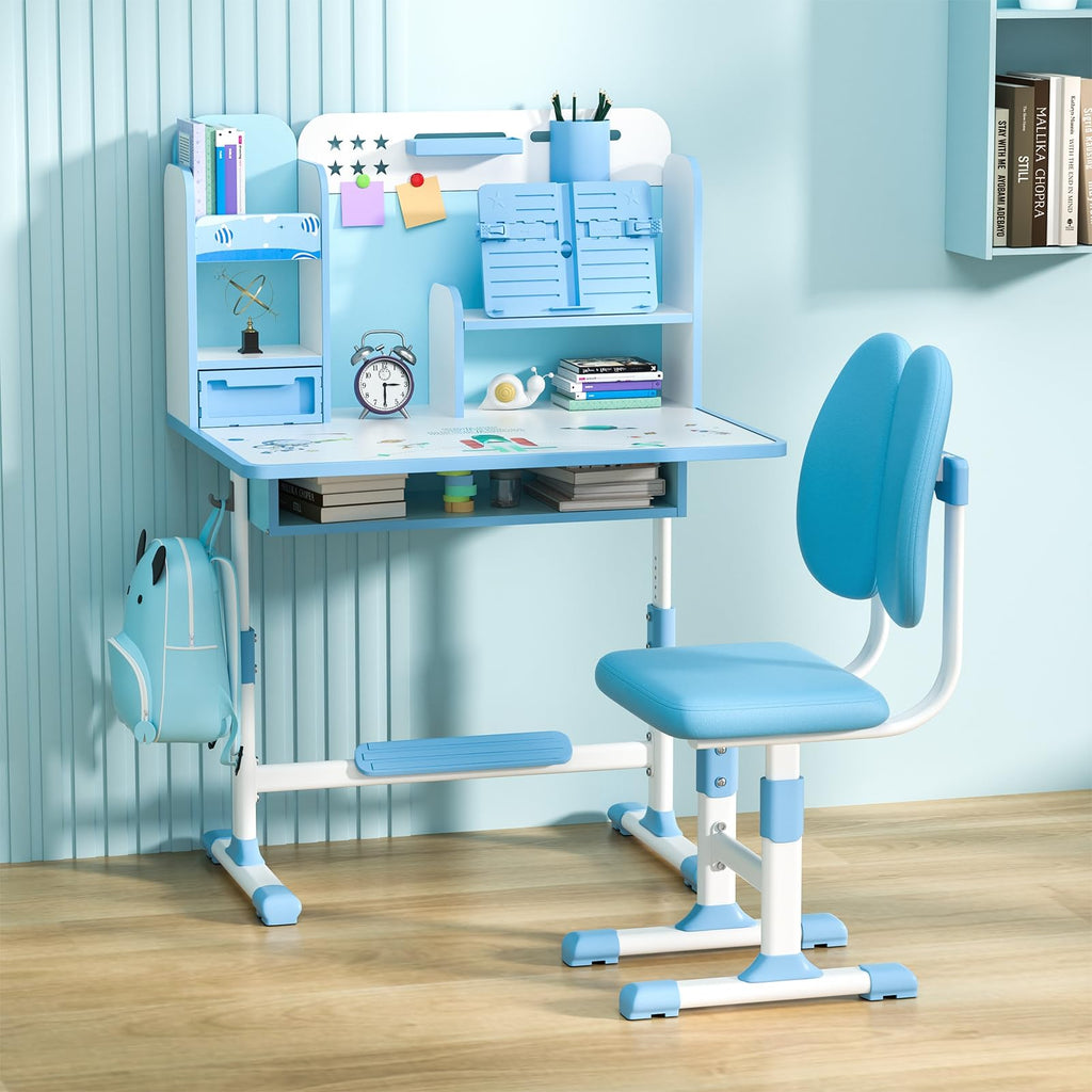 Kids Study Desk and Chair Set, Height Adjustable Kids Study Desk with Storage Drawer Bookstand,Ergonomic Desk for Kids with Desktop Children Study Desk Blue