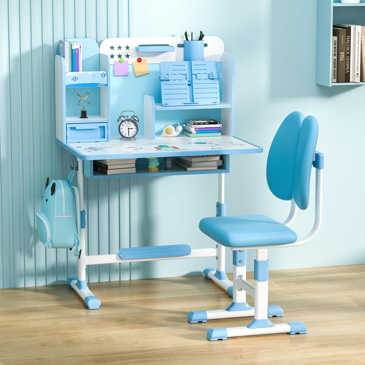 Kids Study Desk and Chair Set, Height Adjustable Kids Study Desk with Storage Drawer Bookstand,Ergonomic Desk for Kids with Desktop Children Study Desk Blue