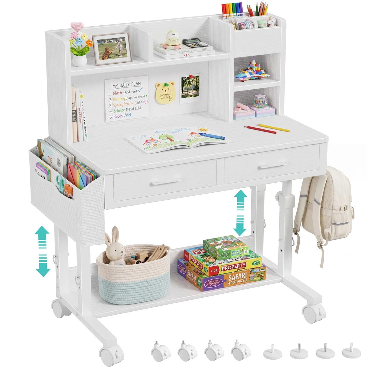 Pink Kids Desk with Hutch, 32" Height Adjustable Mobile Rolling Girls Desk