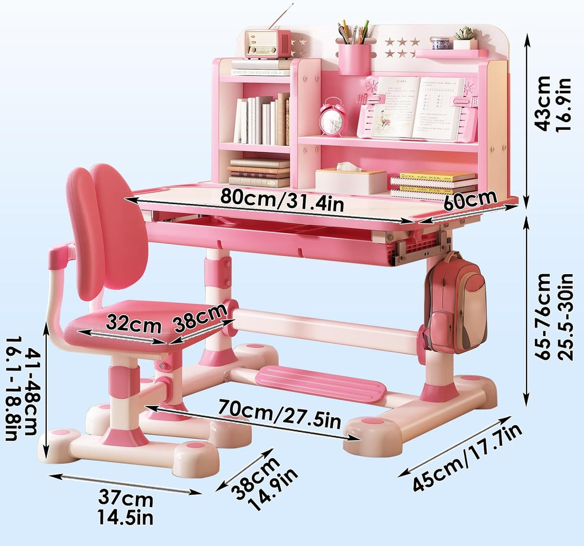 Kids Desk and Chair Set Toddler Desk Art Table for Kids School Desk Height Adjustable Kids Drawing Table with Sitting Corrector, Ergonomic Desk Chair with Book Stand, Foot Pedal Pink